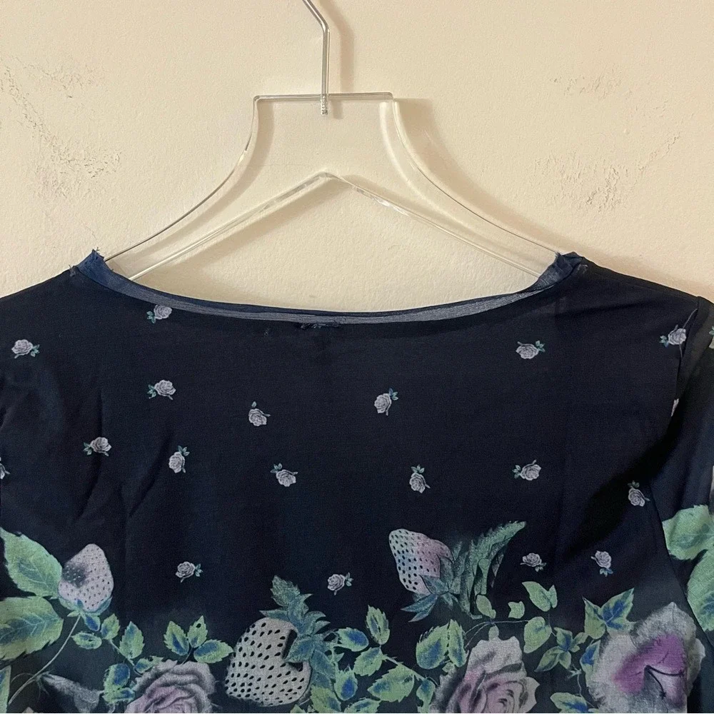 Free People Home Grown Mesh‎ Cardi Navy Blue Combo Floral Button down Small NWOT